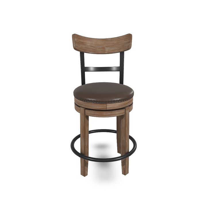 Pine Swivel Counter Height Stool Chair, 24 Inch, Brown Faux Leather  - Benzara