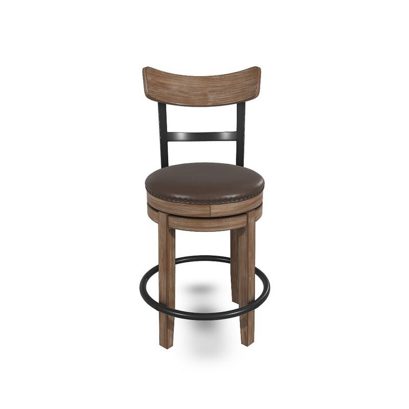 Pine Swivel Counter Height Stool Chair, 24 Inch, Brown Faux Leather  - Benzara