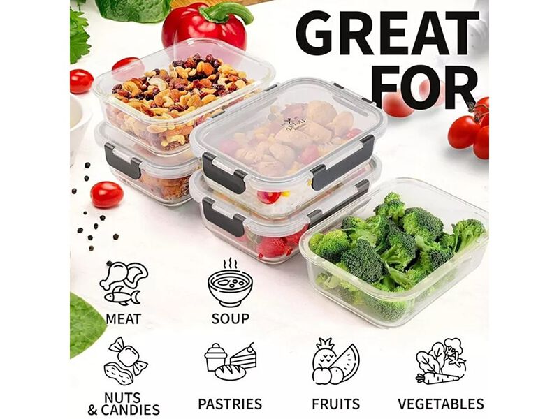 Zulay Kitchen 5-Piece Borosilicate Glass Clear Food Storage Containers