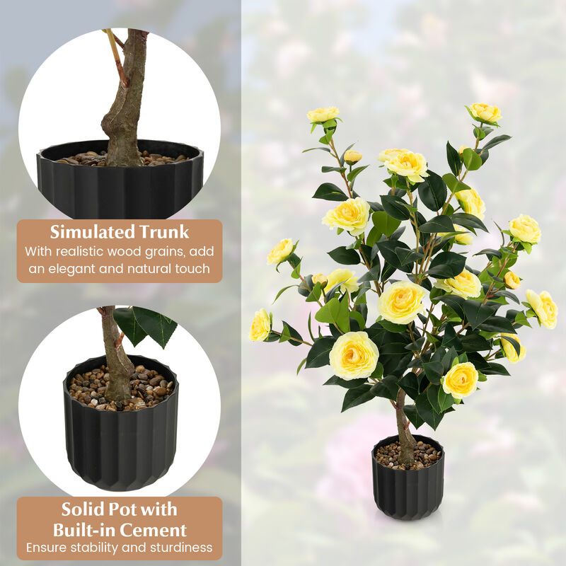 38 Inch Artificial Camellia Tree Faux Flower Plant in Cement Pot 2 Pack
