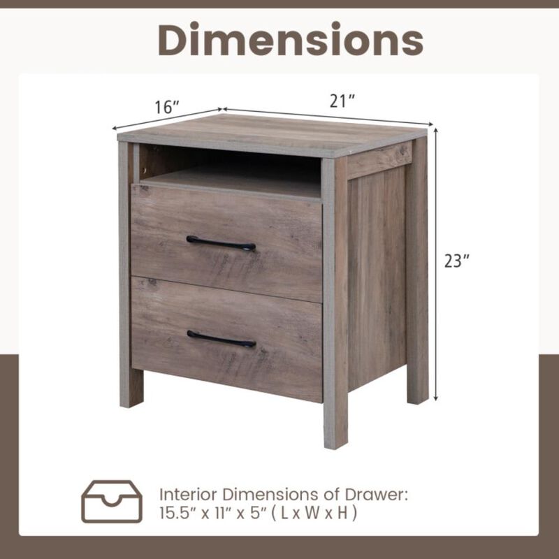 Hivvago Nightstand with 2 Drawers Farmhouse Bed Side Table with Open Storage Shelf