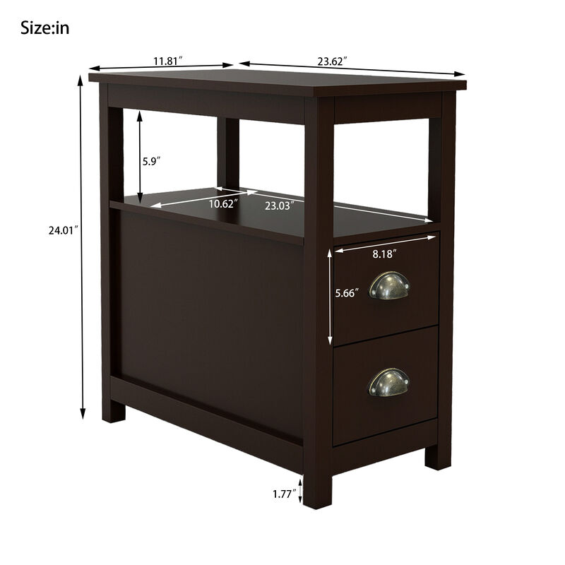 2 Drawers Narrow Nightstand End Table with Compact Design Open Shelf