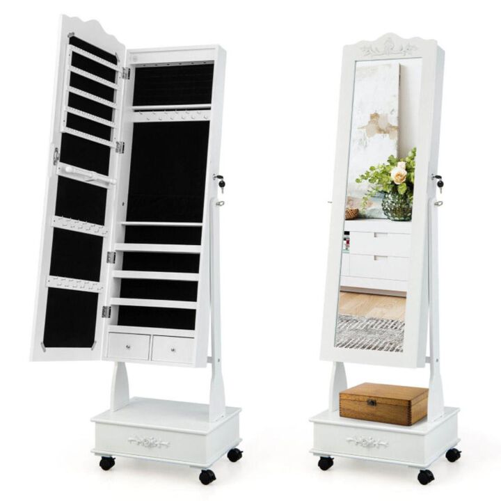 Hivvago Rolling Floor Standing Mirrored Jewelry Armoire with Lock and Drawers