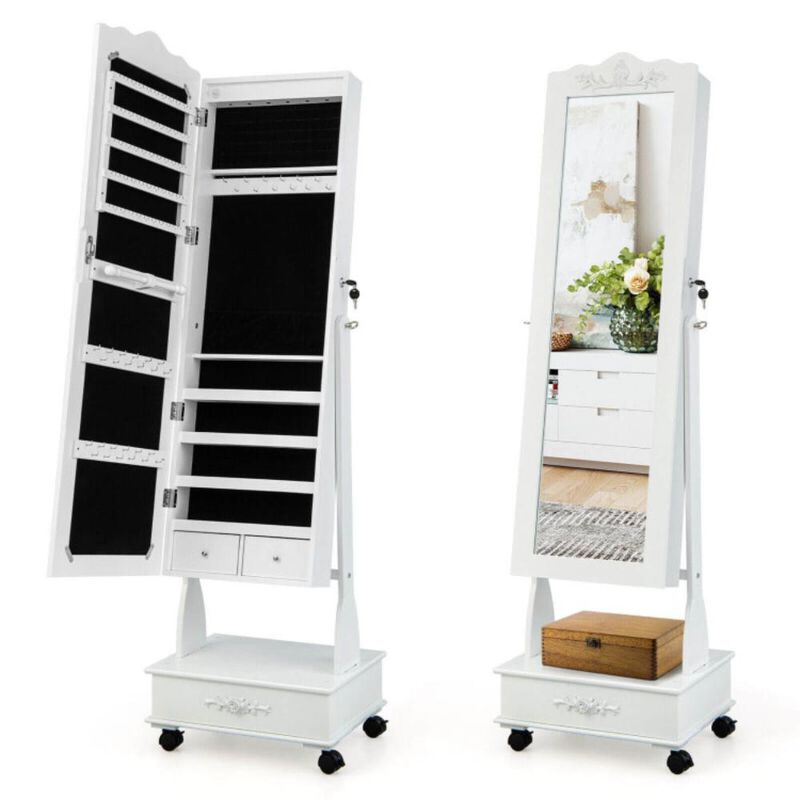 Hivvago Rolling Floor Standing Mirrored Jewelry Armoire with Lock and Drawers