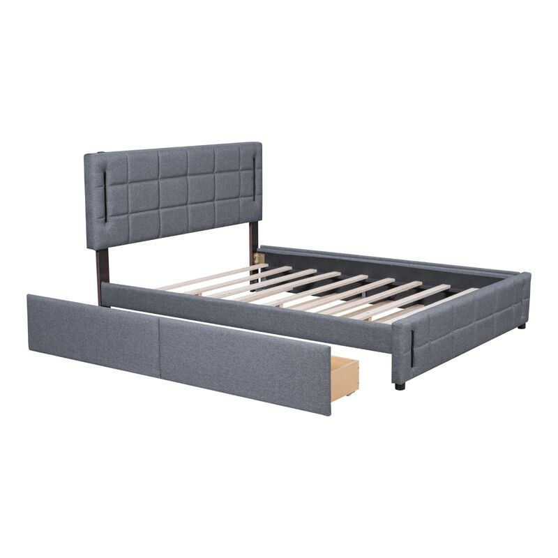 Streamdale Queen Size Upholstered Platform Bed With Trundle And Drawers, Gray