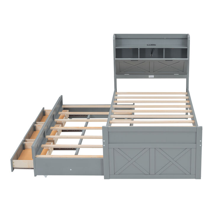 Merax Wooden Platform Bed with Trundle  and 3 Drawers