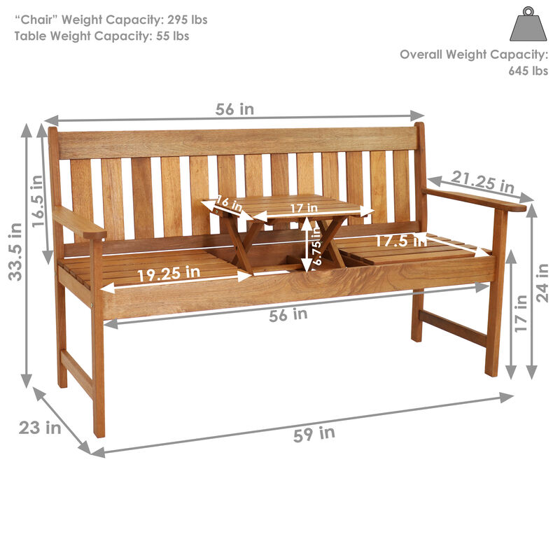 Sunnydaze 2-Person Meranti Wood Outdoor Bench with Pop-Up Table