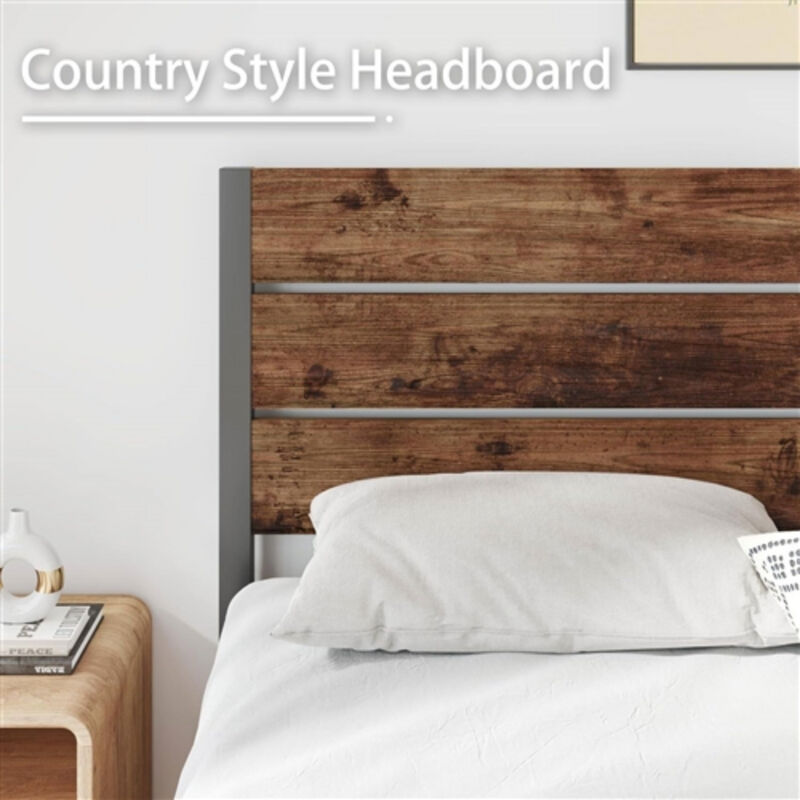 Metal Platform Bed Frame with Rustic Wood Headboard in Farmhouse Style