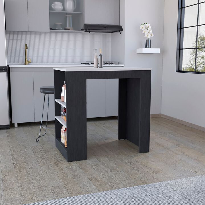 Portree Kitchen & Dining room Island with 3-Side Shelves -Black / Ibiza Marble