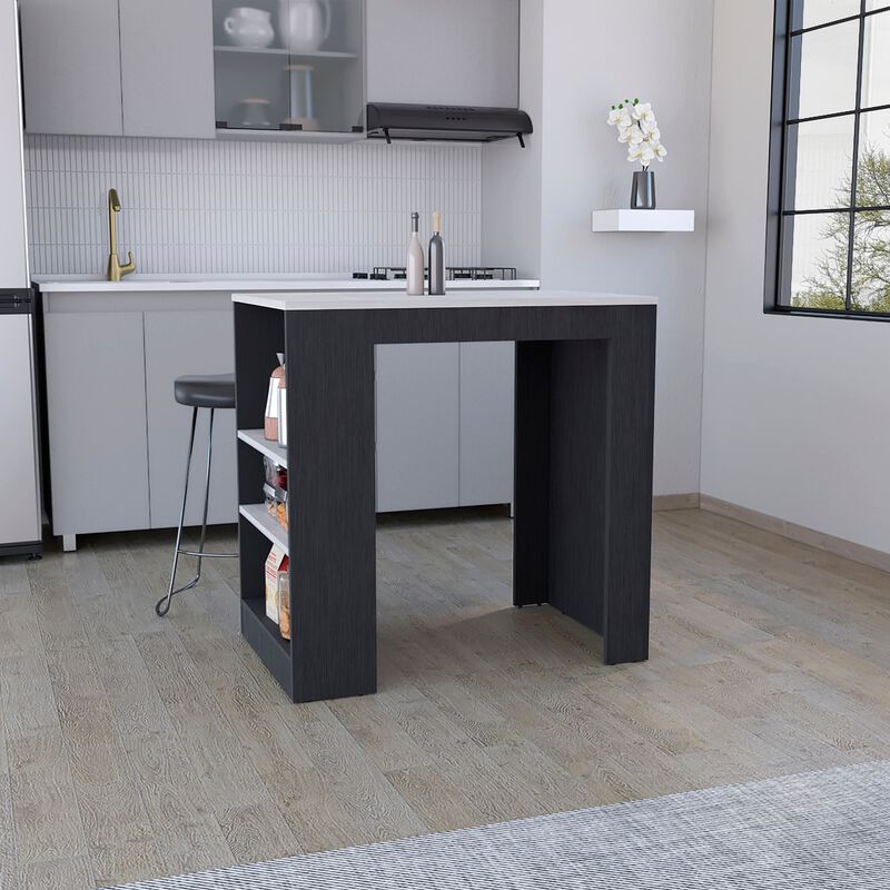 Portree Kitchen & Dining room Island with 3-Side Shelves -Black / Ibiza Marble