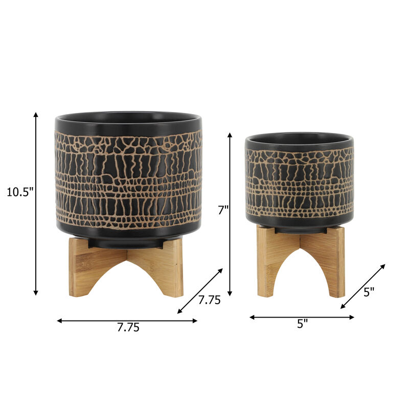 Glazed Planter with Stand, Black Set
