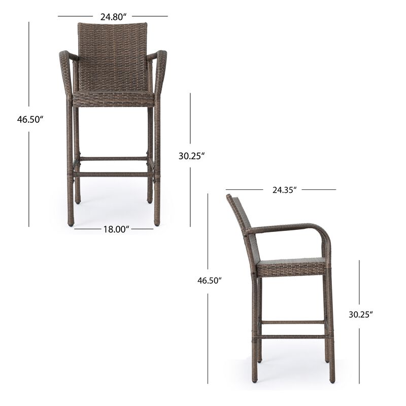 Drip Outdoor Barstool Chair Set of 2, Brown PE Rattan Woven and Iron - Benzara