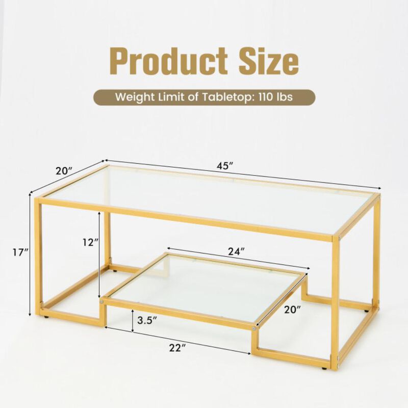 Hivvago Modern 2-Tier Rectangular Coffee Table with Glass Table Top
