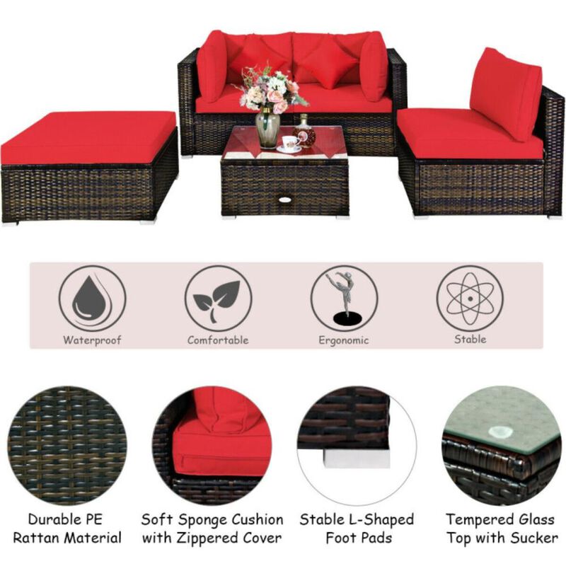 Hivvago 5 Pcs Outdoor Patio Rattan Furniture Set Sectional Conversation with Navy Cushions
