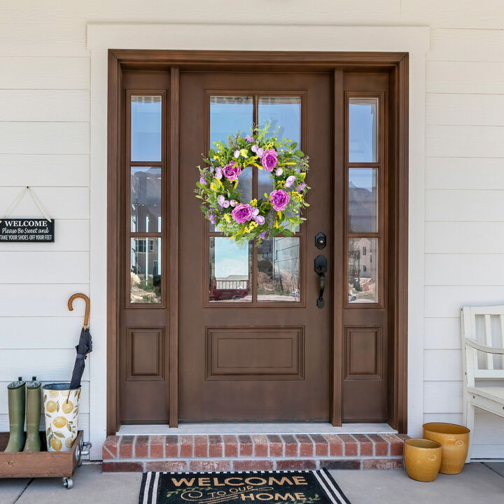 Peony Mixed Floral Springtime Wreath - 24" - Purple and Yellow