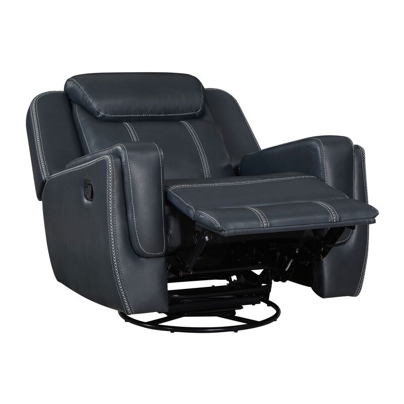 Louise 40 Inch Swivel Glider Manual Recliner Chair, Blue Faux Leather - Benzara