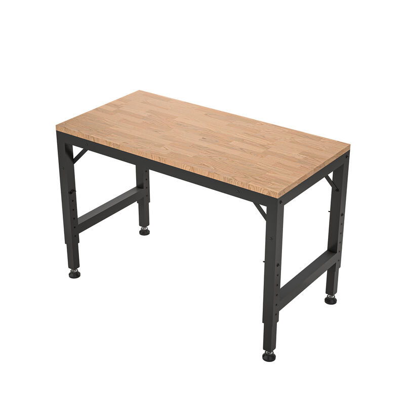 Industrial Adjustable Workbench, Rubber Wood Shop Table with Rubber Pads