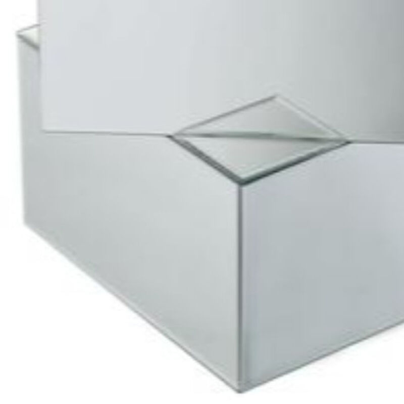 Mirror and Glass End Table with Unique Geometrical Base Design, Silver-Benzara