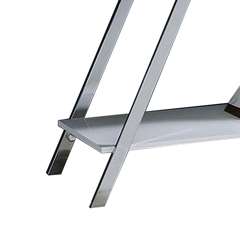 Tius 48 Inch Sofa Table, Open Shelf, Chrome Frame, High Gloss White Finish - Benzara