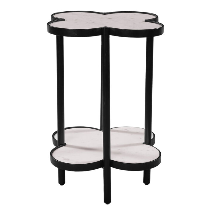 Chloe Side End Table, White Genuine Marble Clover Shape Top With Black Iron Frame