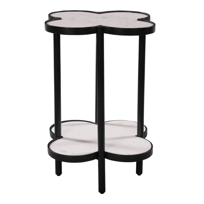 Chloe Side End Table, White Genuine Marble Clover Shape Top With Black Iron Frame
