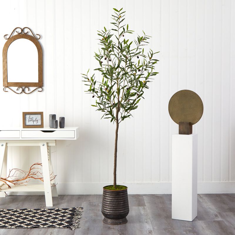 Hivvago 75 Inches Olive Artificial Tree in Ribbed Metal Planter