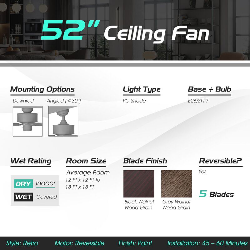 52 Inch Ceiling Fan with 3 Wind Speeds and 5 Reversible Blades-Black