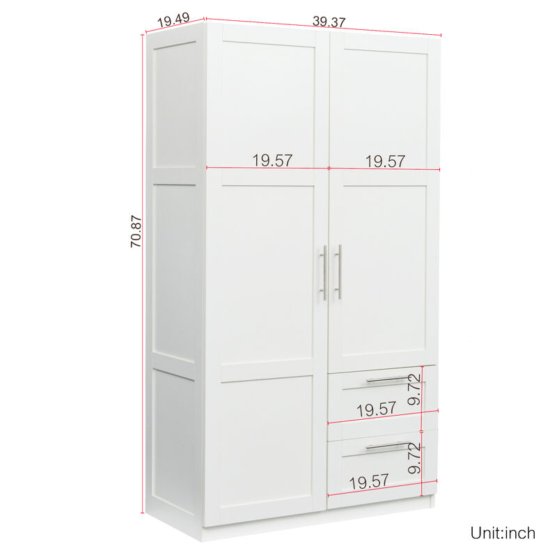 High Wardrobe And Kitchen Cabinet With 2 Doors, 2 Drawers And 5 Storage Spaces, White