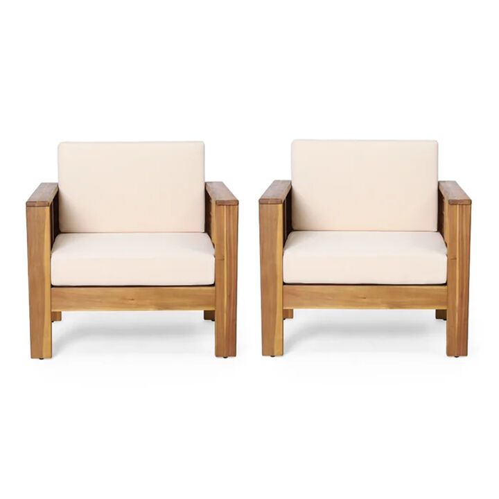 Siyal Outdoor Club Accent Chair Set of 2, Soft Beige, Brown Acacia Wood - Benzara