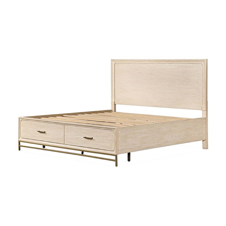 Rozie King Bed, Footboard Storage Drawers, Light Oak Brown Solid Wood - Benzara