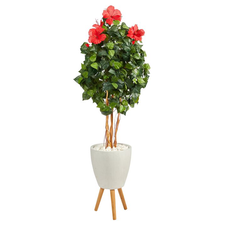 Hivvago 58 Inches Hibiscus Artificial Tree in White Planter with Stand