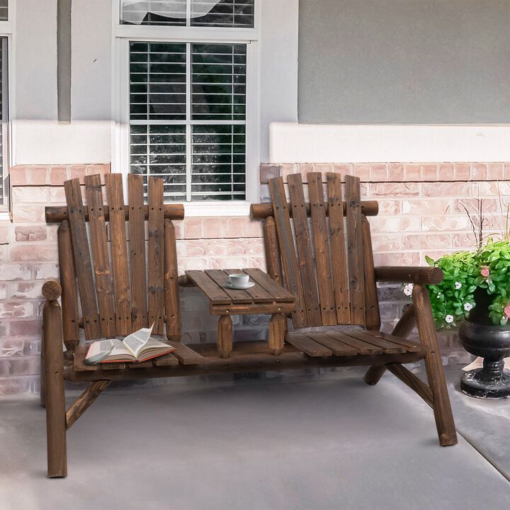 Carbonized Outdoor Duo: Wood Adirondack Chair Bench with Center Table