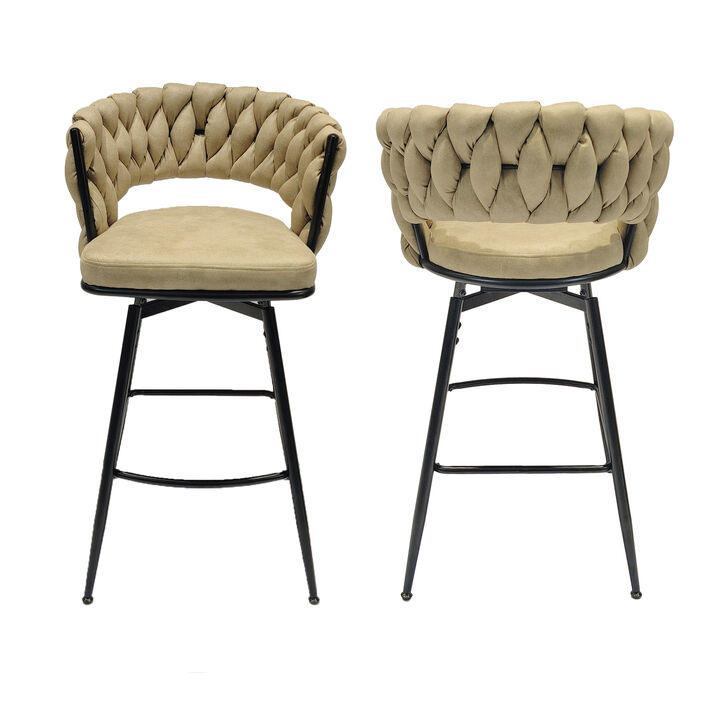 Luxurious Swivel Bar Stools Woven Backrest, Soft Leather, 360° Rotation