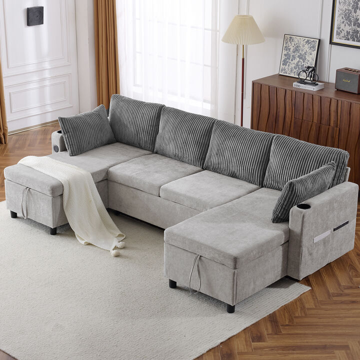 111.8" Sectional Sofa Pull-out Sofa Bed Versatile Sofa Sleeper with Large Storage Space, Two USB Ports and Two Cup Holders for Living Room