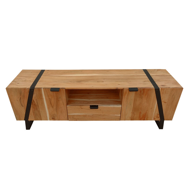 Aza 59 Inch Handcrafted TV Console with Drawer Natural Brown Acacia Wood Cabinet - Benzara