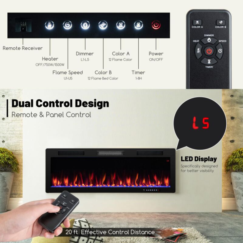 Hivvago Electric Fireplace 50 Inches Recessed and Wall Mounted