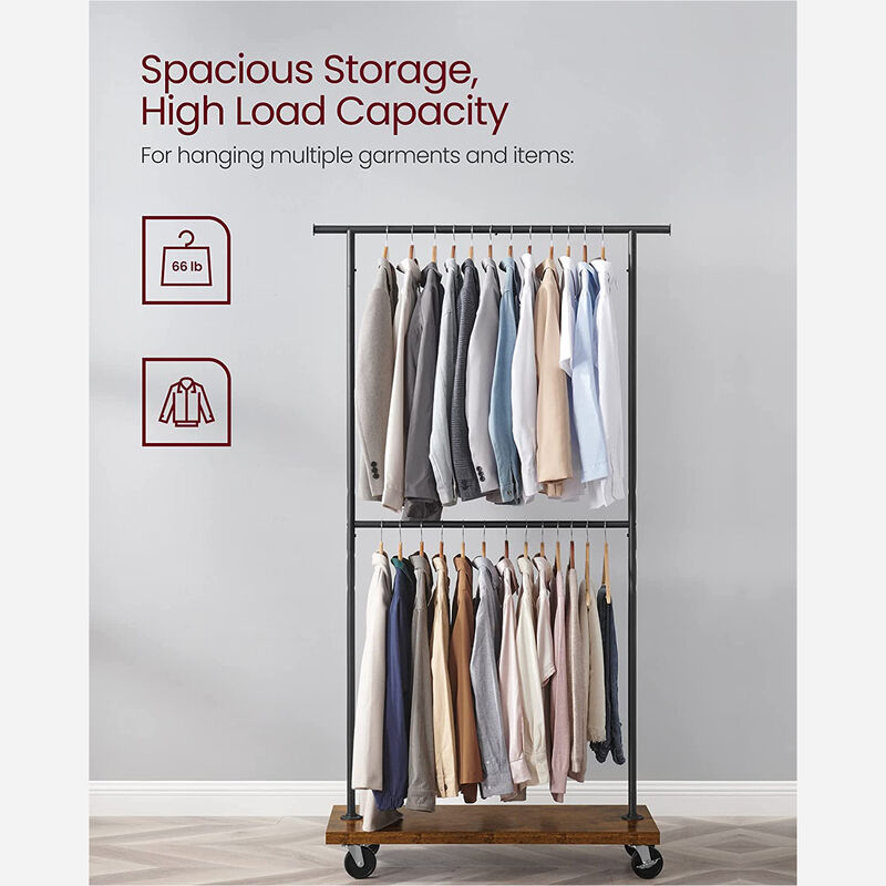 Heavy-Duty Double Rod Industrial Rolling Garment Rack with Wheels & Shelf