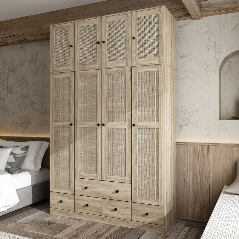 FUFU&GAGA Wood Grain Rattan Doors Design Armoires Wardrobe with 4-Drawers, 2-Hanging Rods  (59.1" W x 19" D x 94.5" H),Brown