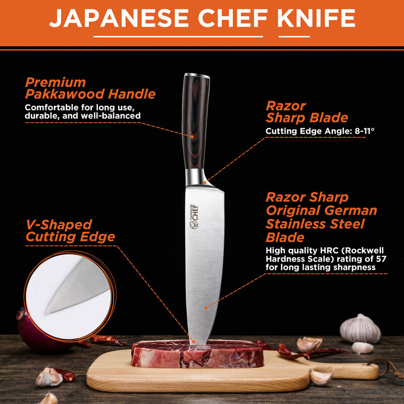 Commercial Chef Knife Japanese 8 inch High Carbon German Stainless Steel with Ergonomic Pakkawood Handle - Full Tang Ultra Sharp Blade Edge - High Carbon Stainless Steel Chef's Knives - Pakka Wood