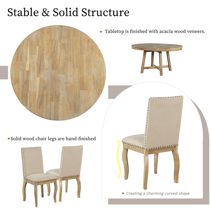 Merax 5-Piece Farmhouse Dining Table Set Wood Round Extendable Dining Table and 4 Upholstered Dining Chairs