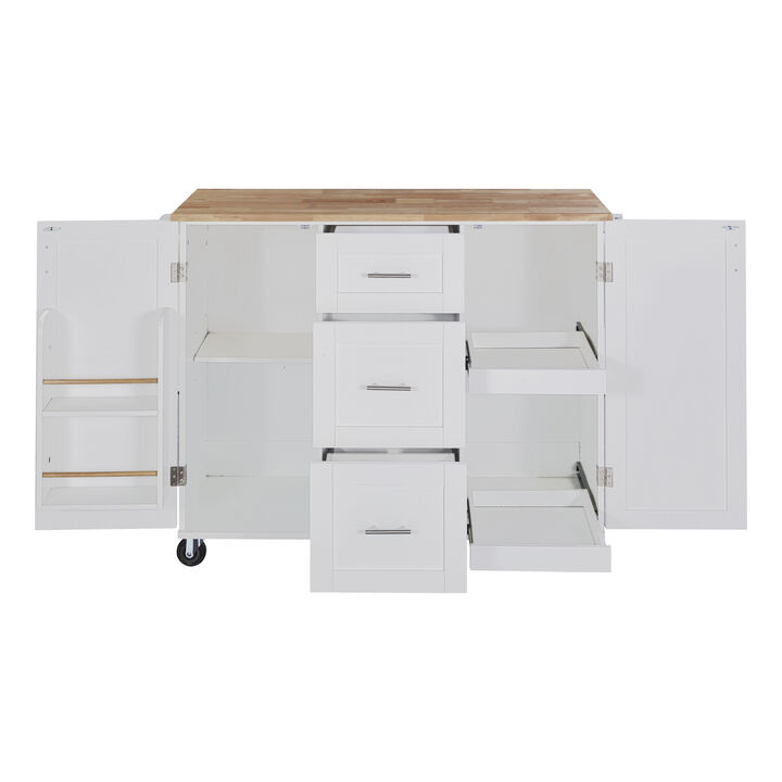 Rolling Kitchen Island with Storage, Kitchen Cart with Rubber Wood Top, 3 Drawer, 2 Slide-Out Shelf and Internal Storage Rack, Kitchen Island on Wheels with Spice Rack & Tower Rack