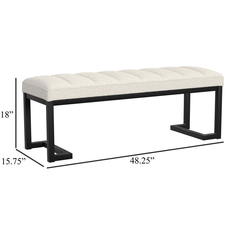 Mezza Accent Bench, Tufted Ivory Boucle Fabric, Black Metal, 48 Inch - Benzara