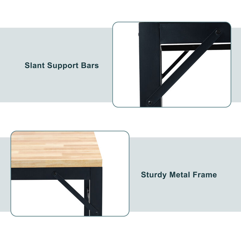 Industrial Adjustable Workbench, Rubber Wood Shop Table with Rubber Pads