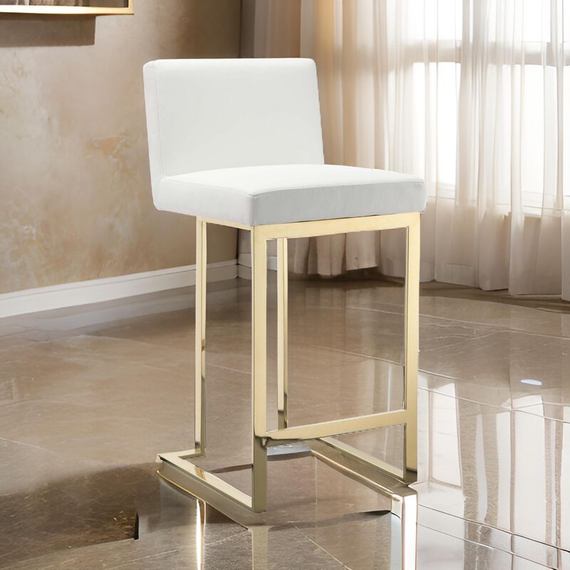 Boly 26 Inch Counter Stool, Cushioned White Faux Leather, Gold Cantilever - Benzara