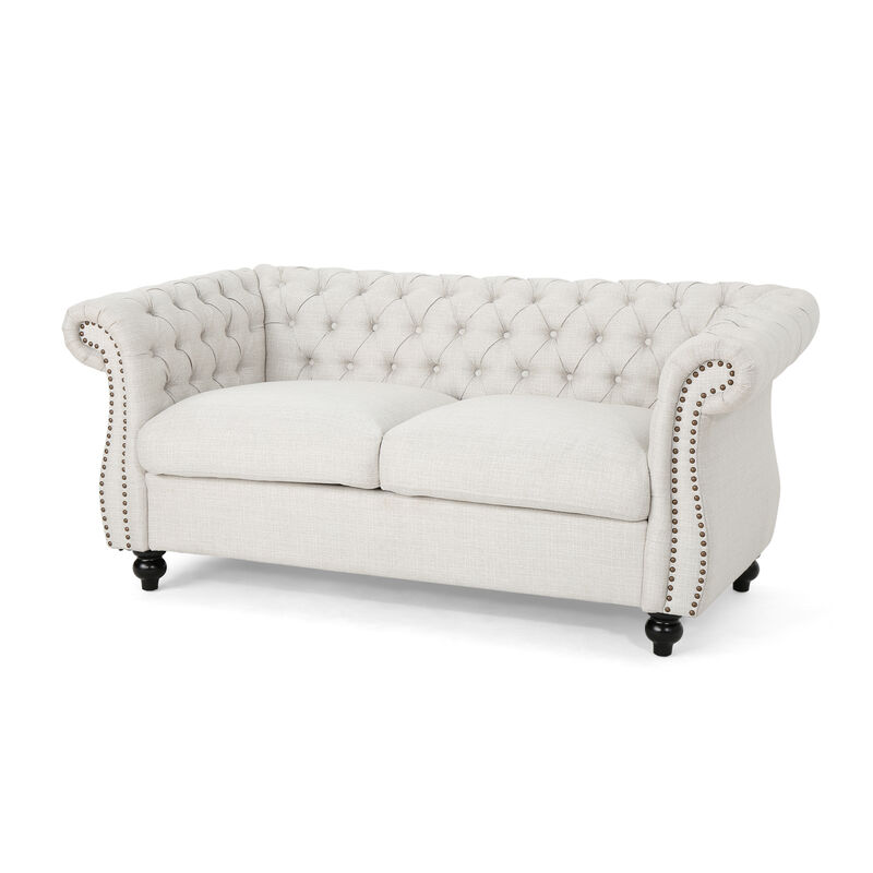 Bernie Loveseat 62 Inch Sofa, Nailhead Trim, Solid Wood Beige Tufted Fabric - Benzara