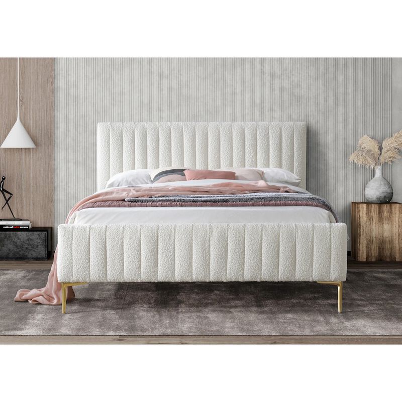 Omax Decor Julia Wood and Fabric Upholstered Queen Platform Bed in White Boucle
