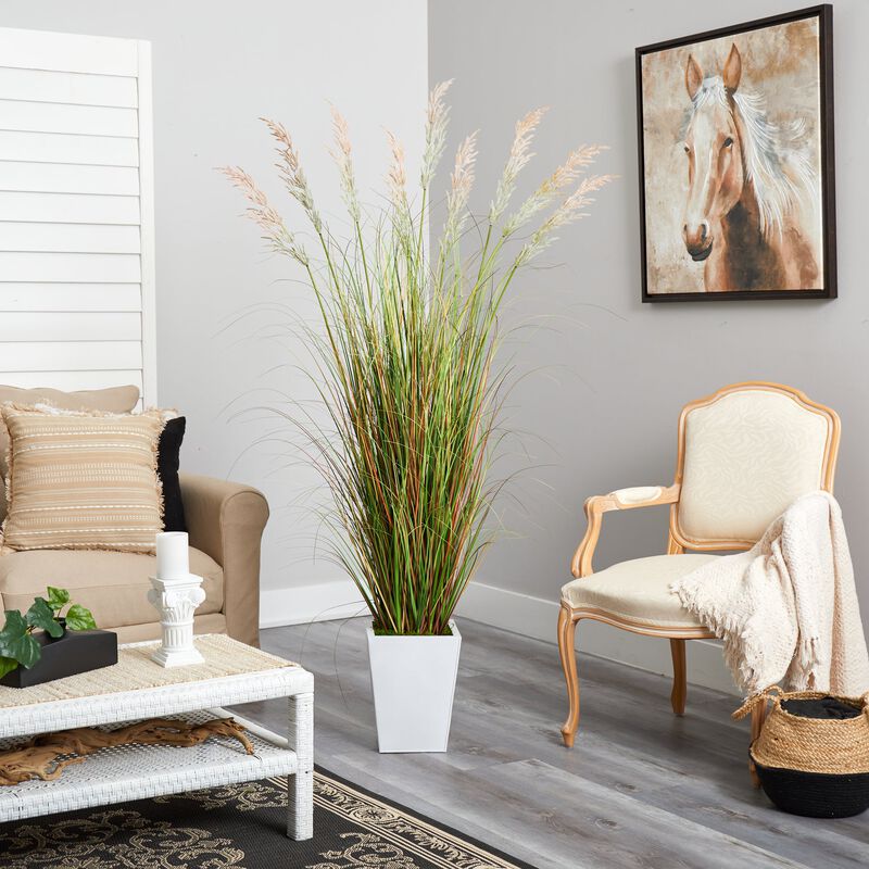 Hivvago 74" Grass Artificial Plant in White Metal Planter