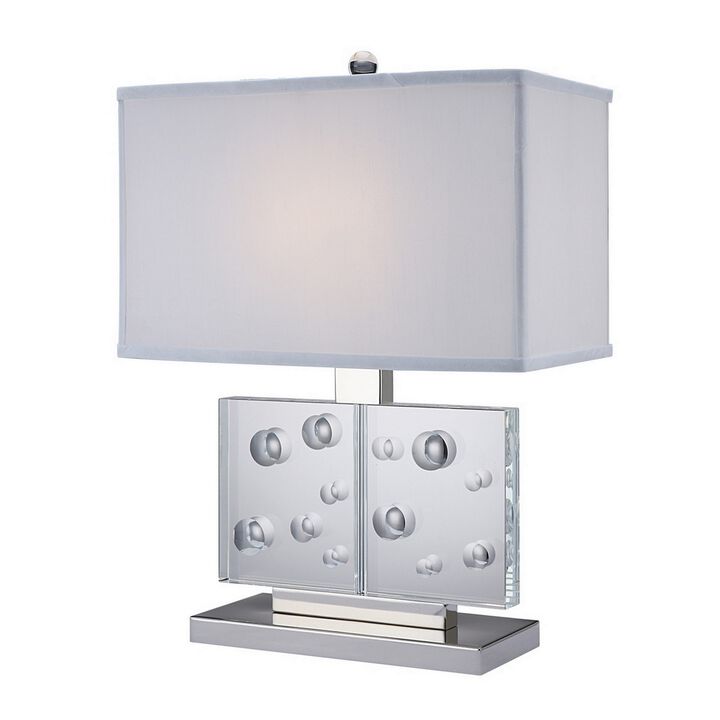 22 Inch Table Lamp, Crystal Stand, Rectangular Shade, Metal, Clear -Benzara