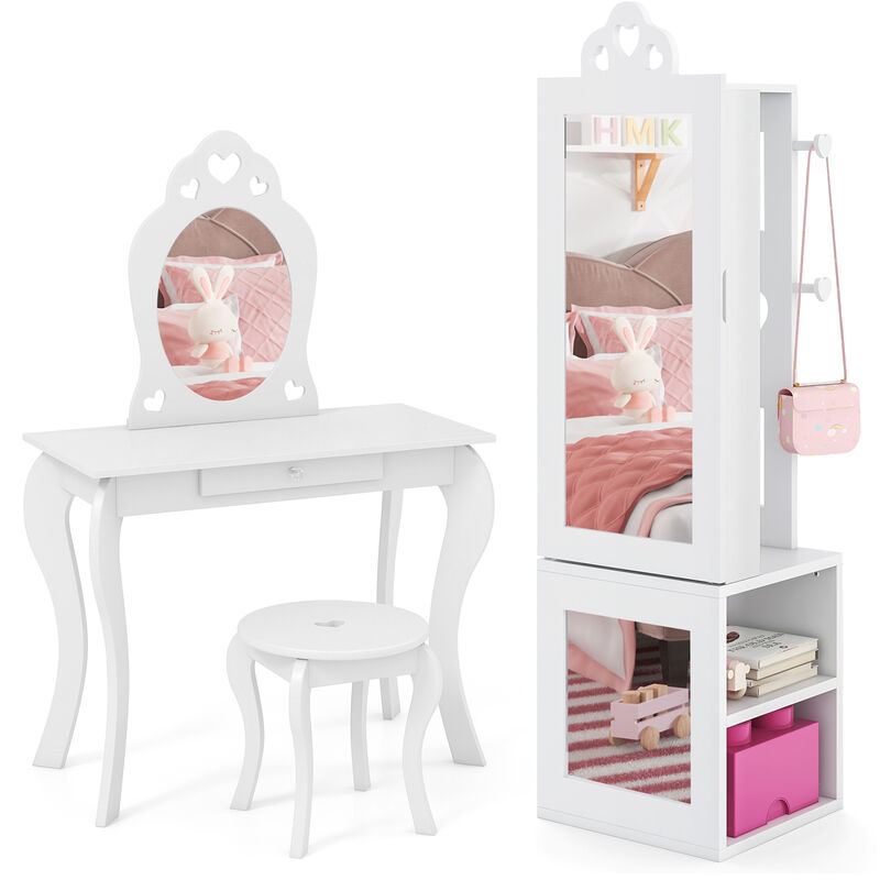 Princess Vanity Table and Stool Set Freestanding Jewelry Cabinet Armoire with Full-Length Mirror