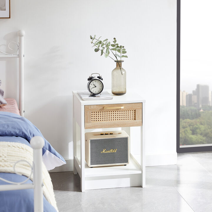 15.75" Rattan End table with drawer, Modern nightstand, side table for living roon, bedroom,white